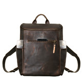 High quality front view with bottles of the leather all in one backpack in dark coffee