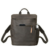High quality front view with device of the leather all in one backpack in black