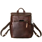 High quality front view of the leather all in one backpack in red brown showing a device in the pocket