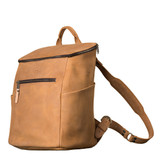 High quality side view of the leather all in one backpack in light tan