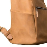 High quality pocket view of the leather all in one backpack in light tan