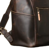 High quality side pocket view of the leather all in one backpack in dark coffee