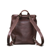 High quality back view of the newly redesigned All in one leather backpack in red brown
