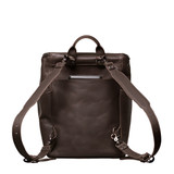 High quality back view of the newly redesigned All in one leather backpack in dark coffee