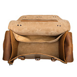High quality inside of the tan leather side pocket duffle that has plenty of pockets and interior space for 2-3 days of travel. Made by Saddleback