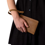 High quality model view of the medium leather wallet in tan