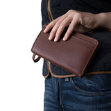 High quality model view of the reddish brown medium leather wallet