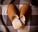 High quality tan full grain leather Dave's Deals Women's Sheepskin Slippers - Old Design - Size 6 - Tobacco front view - Saddleback Leather