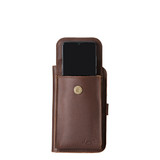 This is the front of the reddish brown Crossbody iPhone Leather Wallet showing it with a cellphone