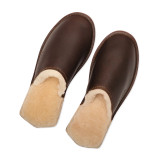 High quality dark brown full grain leather Dave's Deals Women's Sheepskin Slippers - Old Design - Size 9 - Dark Coffee Brown side view - Saddleback Leather