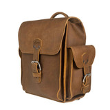 Front angled view of the Small Tank Leather Backpack in tobacco.