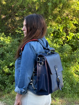 High quality leather messenger backpack lifestyle image
