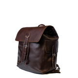 High quality 16 inch leather drawstring backpack in dark brown. Angled view