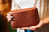 High quality tan full grain leather Magnetic Fold Over Bag-Medium alternate angle - Saddleback Leather