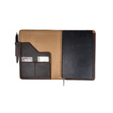 High quality get an inside look at the Saddleback leather journal planner cover, showcasing the fine craftsmanship and slots for cards and a pen.