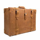 High quality tan colored medium suitcase with 3 buckles for added security and a handle for easy transport. Made by Saddleback