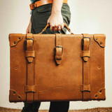 High quality red brown full grain leather Grandfather Medium Suitcase side view - Saddleback Leather