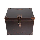 High quality top view of the dark brown small leather trunk with quality craftsmanship in each stitch and rivet. Made by Saddleback