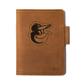 High quality tan leather journal cover with Baltimore Orioles logo and pen holder, made by Saddleback