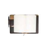 High quality dark brown leather journal cover opened up with cards, a pen, and an open journal in it, made by Saddleback