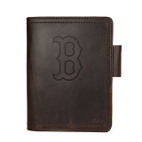 High quality dark brown leather journal cover with Boston Red Sox logo, made by Saddleback