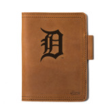 High quality tan colored leather journal cover with the Detroit Tigers logo. Made by Saddleback