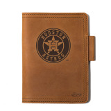 High quality tan colored leather journal cover with the Houston Astros logo. Made by Saddleback
