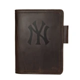 High quality dark brown colored leather journal cover with the New York Yankees logo on the front. Made by Saddleback