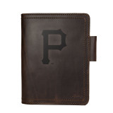 High quality dark brown colored leather journal cover with the Pittsburgh Pirates logo on the front. Made by Saddleback