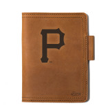 High quality tan colored leather journal cover with the Pittsburgh Pirates logo on the front. Made by Saddleback