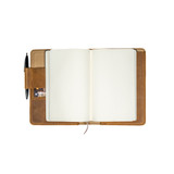 High quality inside of the tan colored leather journal cover opened to a journal page. Made by Saddleback