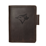 High quality dark brown colored leather journal cover with the Toronto Blue Jays logo on the front. Made by Saddleback