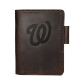 High quality dark brown colored leather journal cover with the Washington Nationals logo on the front. Made by Saddleback