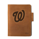 High quality tan colored leather journal cover with the Washington Nationals logo on the front. Made by Saddleback