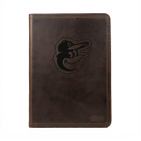 High quality leather portfolio in the color dark brown with a Baltimore Orioles logo on it, made by Saddleback