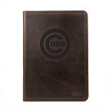 High quality dark brown colored leather portfolio with the Chicago cubs logo on it, made by Saddleback