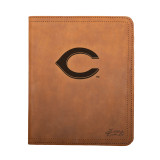High quality tan colored leather portfolio with Cincinnati Reds logo on the front, made by Saddleback