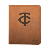 High quality tan colored leather portfolio with the Minnesota Twins logo on the front. Made by Saddleback