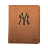 High quality tan colored leather portfolio with the New York Yankees logo on the front. Made by Saddleback