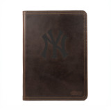 High quality dark brown colored leather portfolio with the New York Yankees logo on the front. Made by Saddleback