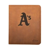 High quality tan colored leather portfolio with the Oakland Athletics logo on the front. Made by Saddleback