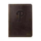 High quality dark brown colored leather portfolio with the Philadelphia Phillies logo on the front.  Made by Saddleback