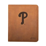 High quality tan colored leather portfolio with the Philadelphia Phillies logo on the front.  Made by Saddleback