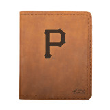 High quality tan colored leather portfolio with the Pittsburgh Pirates logo on the front. Made by Saddleback