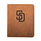 High quality tan colored leather portfolio cover with the San Diego Padres logo on the front. Made by Saddleback