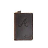 High quality leather business card holder in the color dark brown for the Atlanta Braves, made by Saddleback