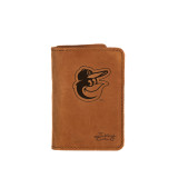 High quality tan leather business card holder with a Baltimore Orioles logo on it, made by Saddleback