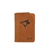 High quality tan colored leather business card holder with the Toronto Blue Jays logo on the front. Made by Saddleback