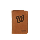 High quality tan colored leather business card holder with the Washington Nationals logo on the front. Made by Saddleback