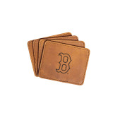 High quality tan colored leather coaster set of 4 with Boston Red Sox logo, made by Saddleback